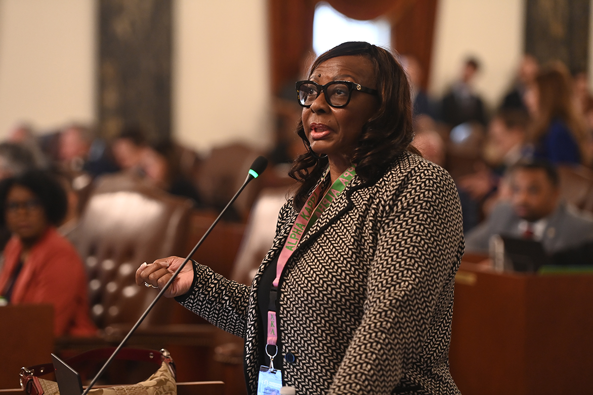 Senator Hunter speaks into a microphone in the Senate chamber.