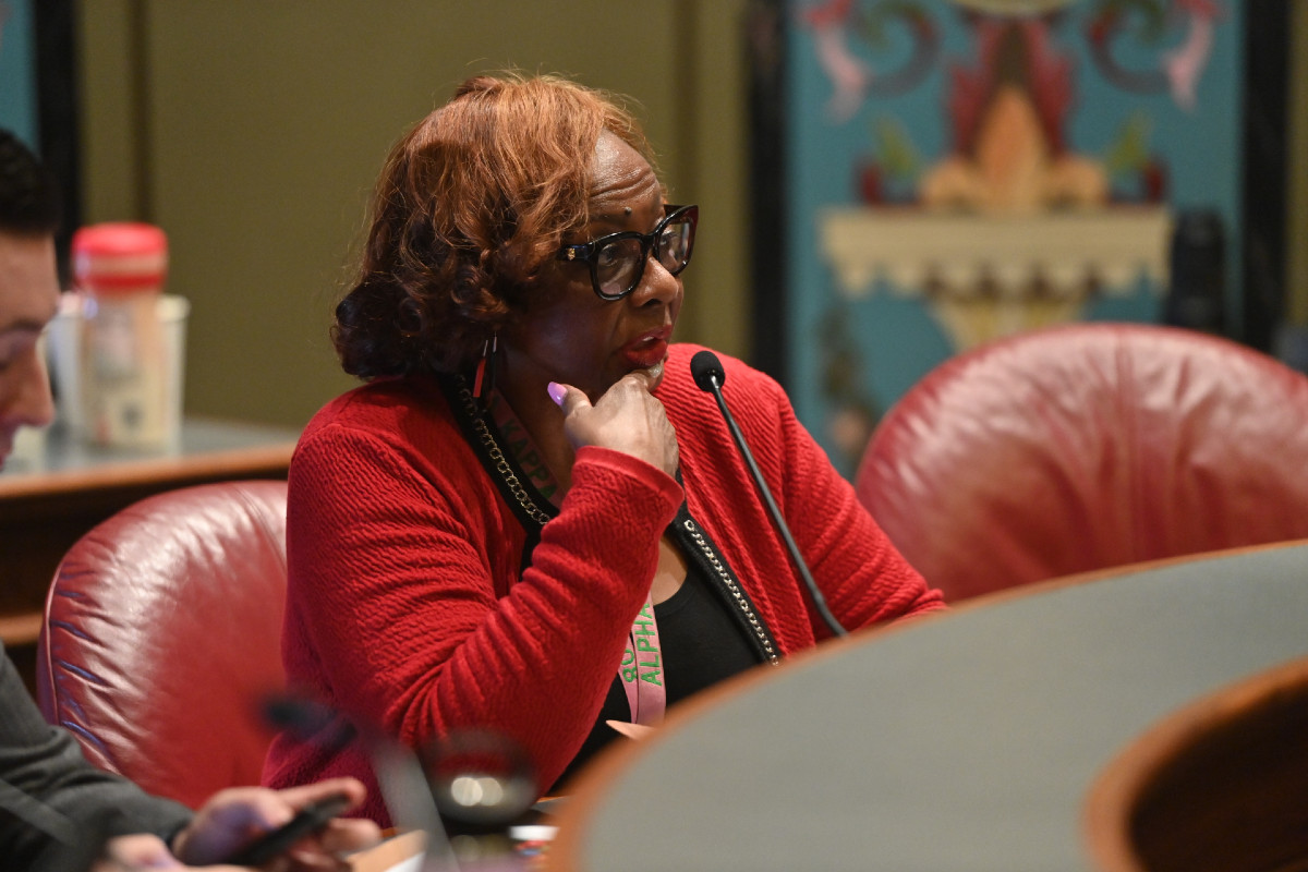 Senator Hunter speaks into a microphone while seated during a committee hearing.