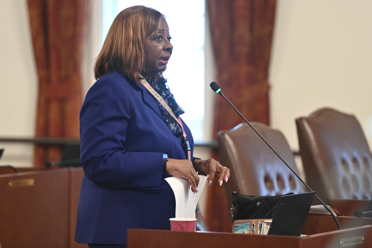 Senator Hunter speaks into a microphone while standing at her desk in the Senate chamber.